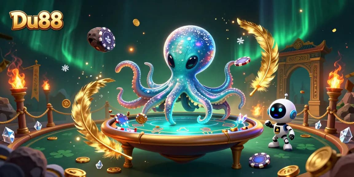 Engage with Du88 at a virtual casino where an alien octopus plays poker amidst vibrant cosmic elements.