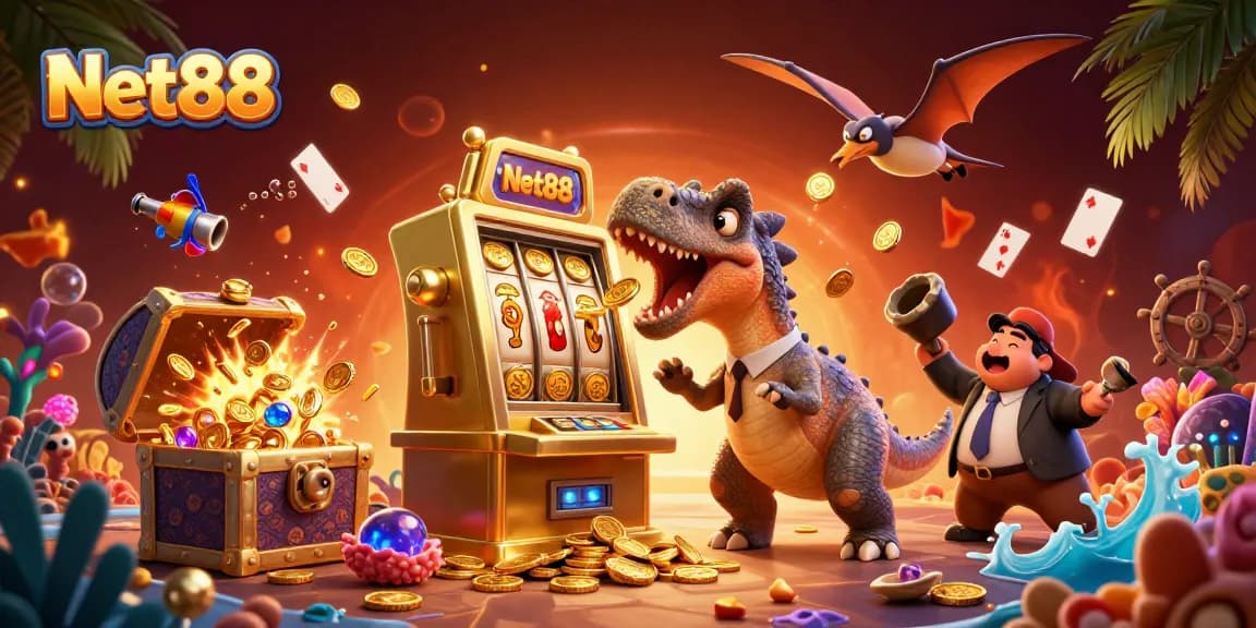 Net88 jackpot excitement unfolds with a pachycephalosaurus hitting a slot machine amidst swirling gold coins.