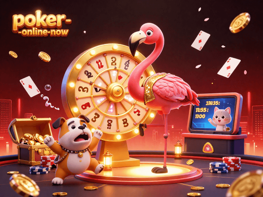 Engage with poker-online-now as a flamingo game show host spins a golden prize wheel in a lively 3D casino.