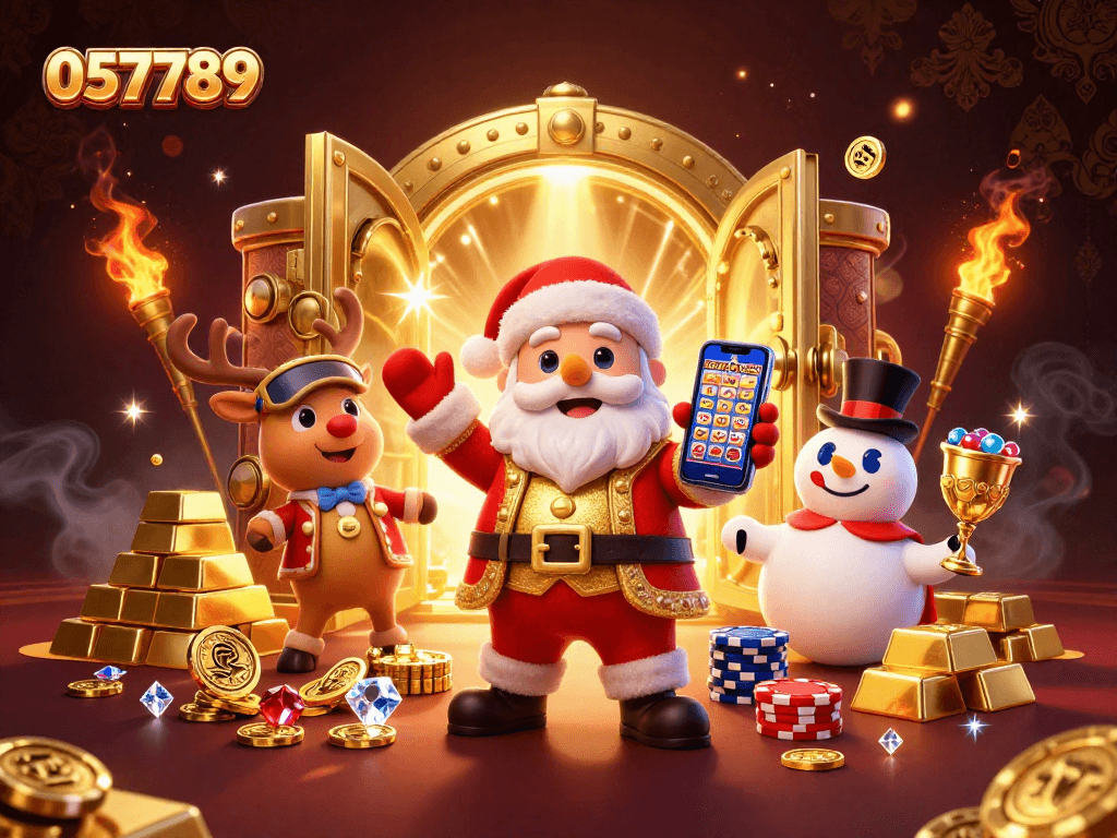 Engage with 057789's exciting jackpot slots in a rich 3D casino-themed illustration featuring vibrant characters.
