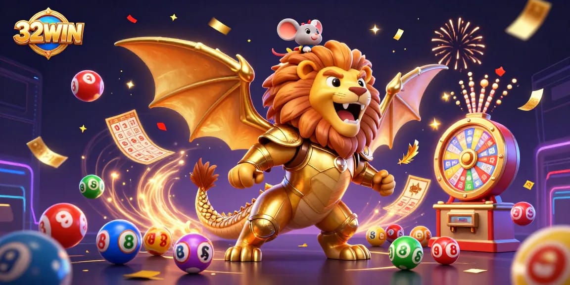 Join the excitement at 32WIN with a dynamic 3D illustration showcasing thrilling gaming elements.