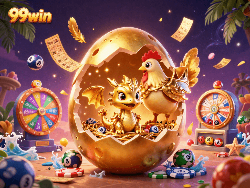 Experience the thrill of 99win with a golden dragon and casino elements in a dynamic 3D illustration.