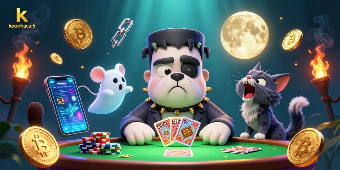 Engage with keonhacai5 in a whimsical casino scene featuring cartoon characters and cryptocurrency elements.