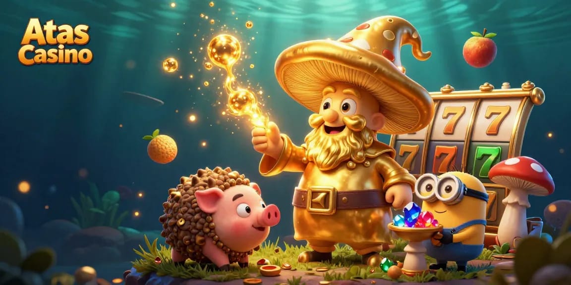 Experience Atas Casino's magic with dynamic characters and golden treasures in this vivid illustration.