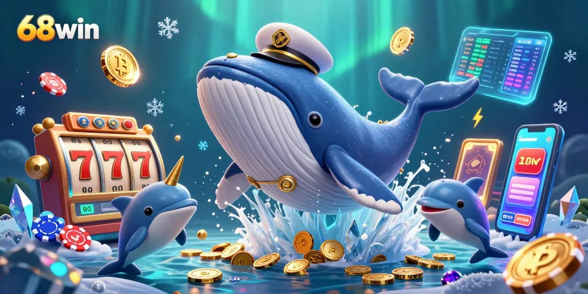 Experience the thrill of 68win with vibrant 3D illustration of a captain whale amidst a sea of coins and slot games.