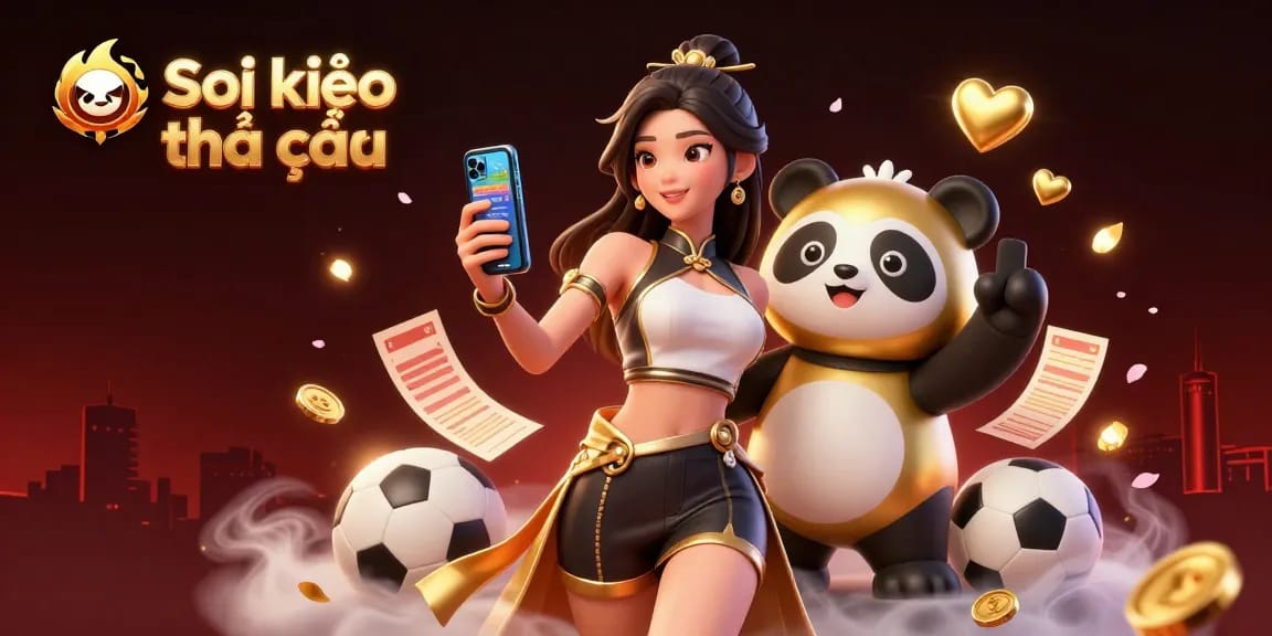 Soi kèo nhà cái promotional illustration featuring a modern Asian woman and a cartoon panda in a dynamic sports betting scene.