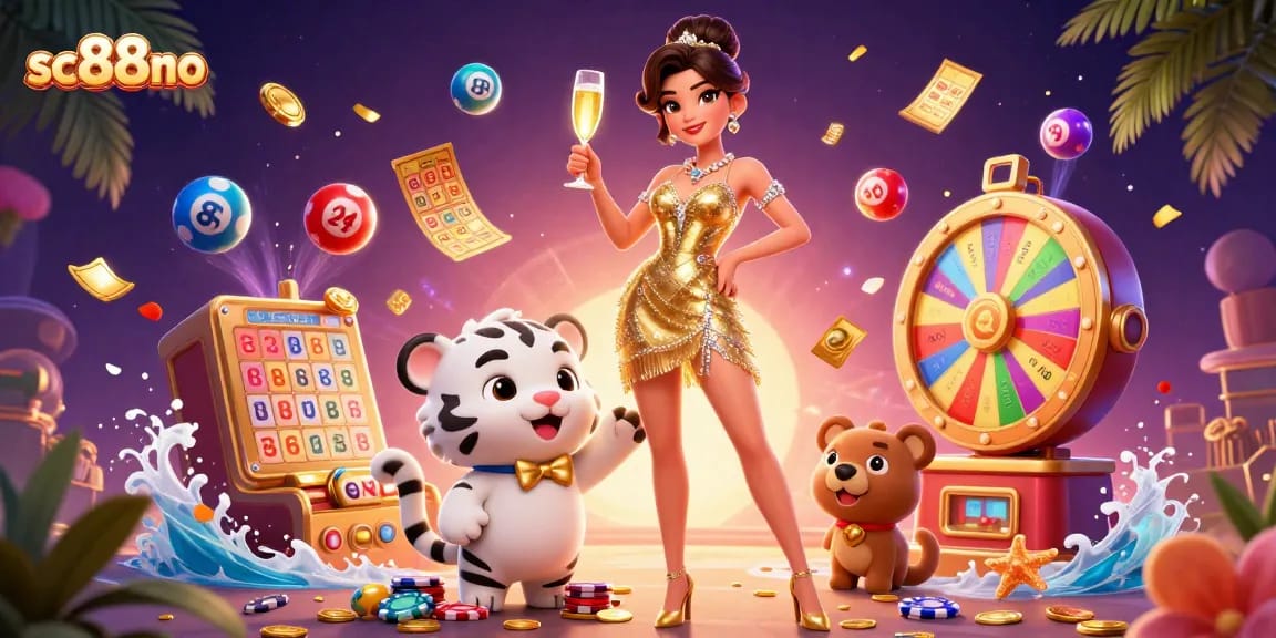 Engage in thrilling gaming with sc88no, featuring a glamorous woman and lucky tiger amidst vibrant lottery cheer.