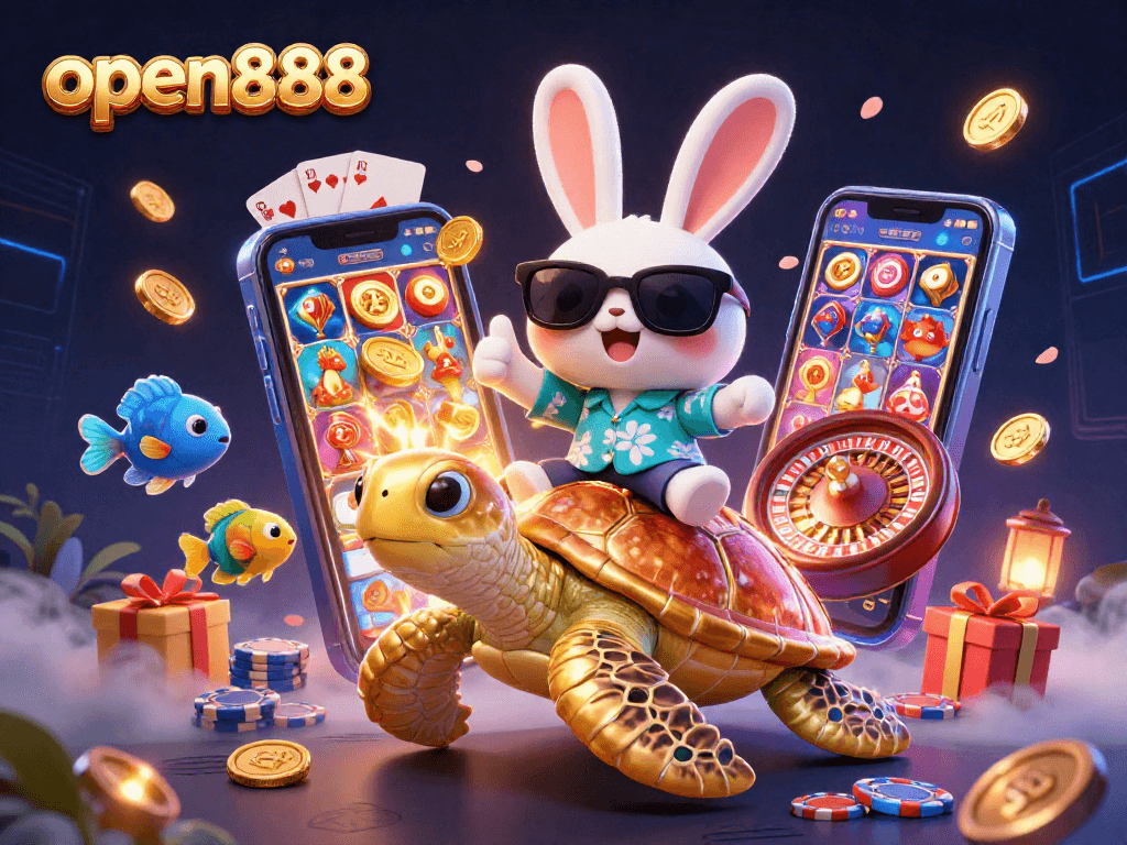 Engage with open888's vibrant casino world featuring a lucky rabbit and golden turtle.