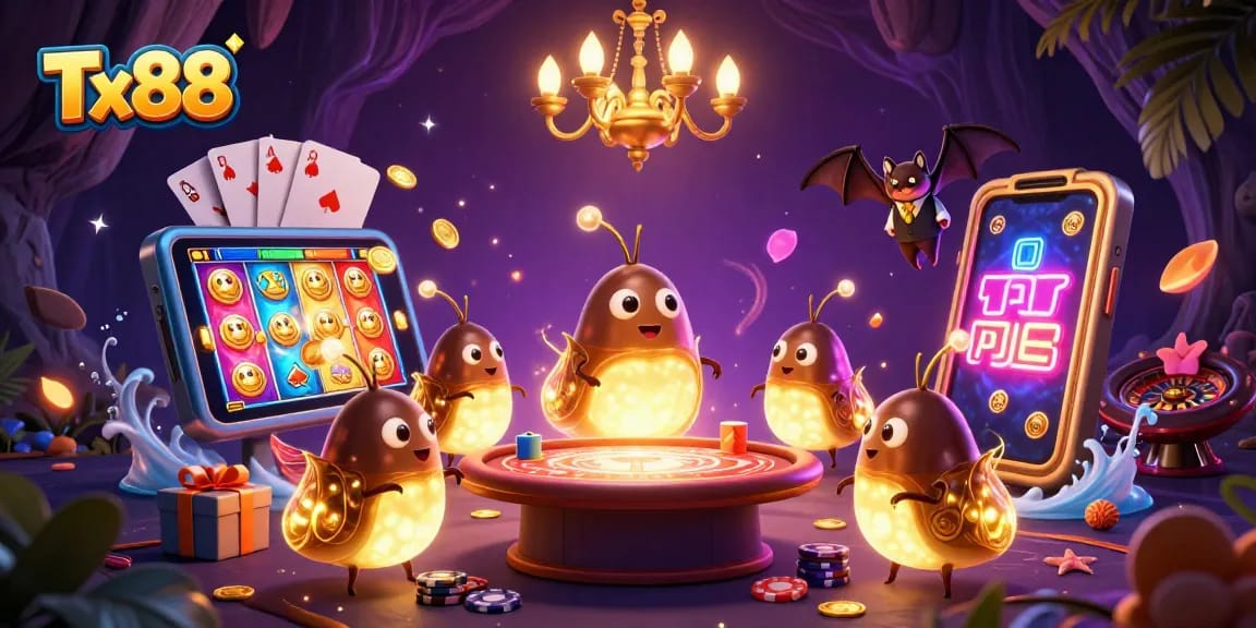 Experience thrilling gaming excitement at Tx88 casino with glowworms lighting the way and casino elements bursting with energy.
