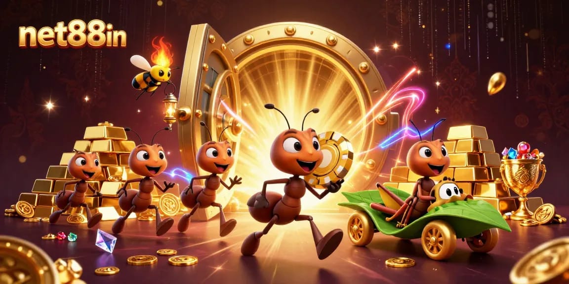 net88in showcases ants executing a casino heist with vibrant gold elements, emphasizing winning moments.
