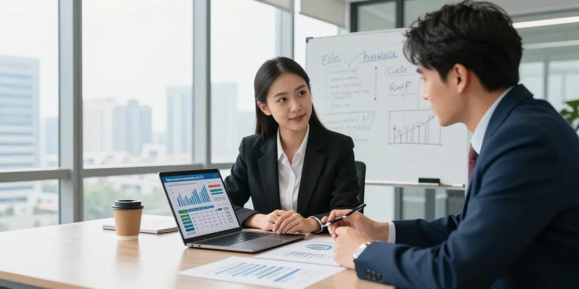 Professionals using a merchant cash advance calculator to discuss financing options in a modern office.