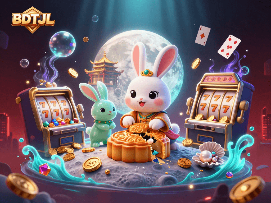 BDTJL reveals poker chips in mooncakes while a jade rabbit and slot machines enhance the casino theme.