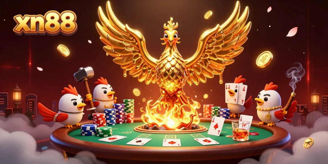 Experience thrilling action with xn88, featuring a phoenix and lively poker elements in a vibrant casino scene.