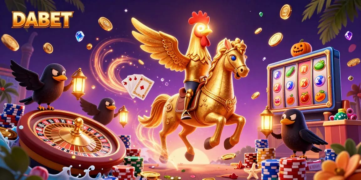 DABET showcases an exhilarating casino scene with a golden rooster and friends amidst vibrant gaming elements.