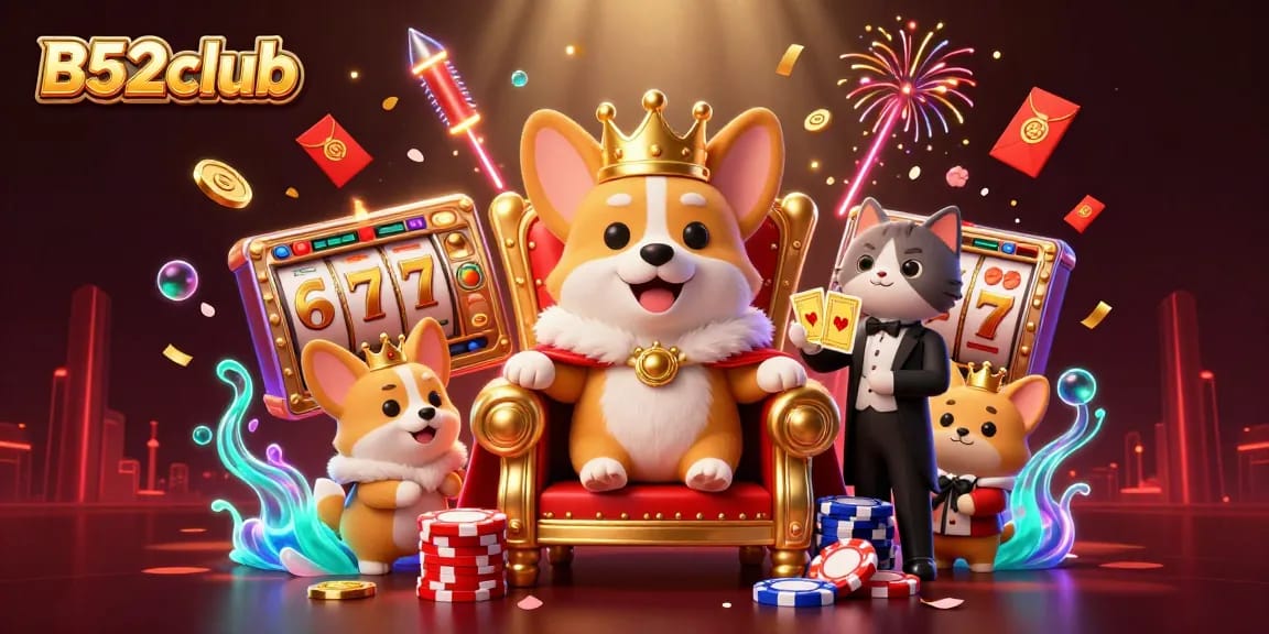 B52club invites players to roll in the jackpot with vibrant slot machines and a regal corgi.