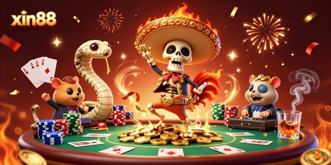 Experience winning moments with Xin88 in this vibrant casino celebration scene featuring dynamic characters.
