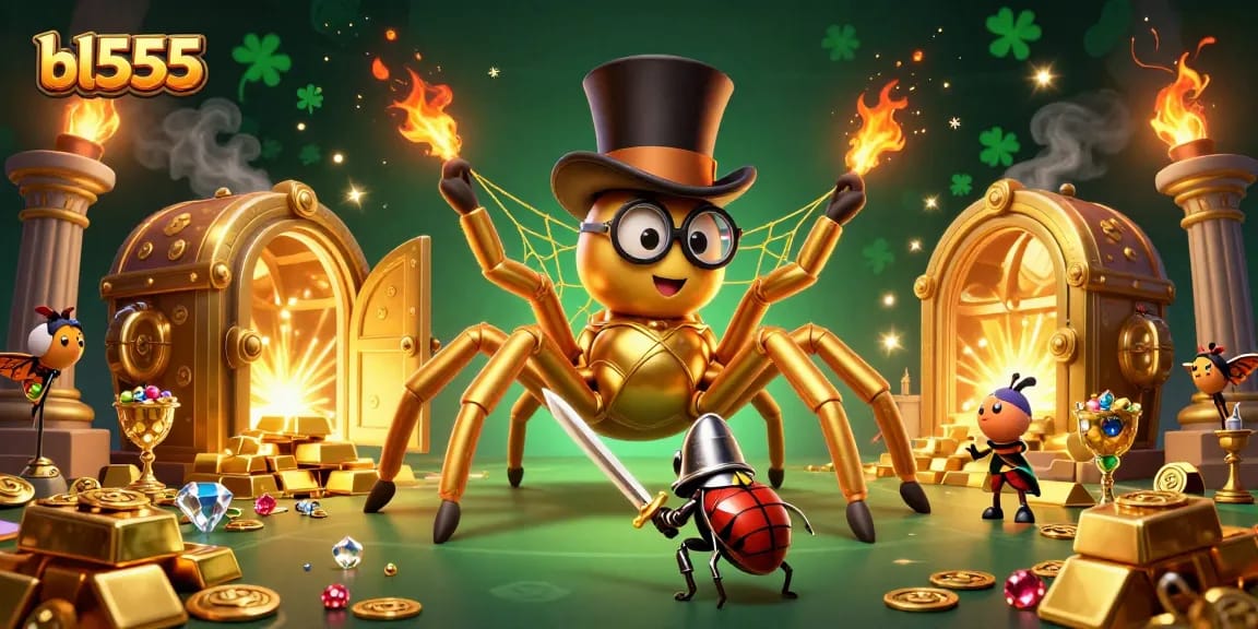 Join the gaming adventure at bl555 as a brave beetle knight faces off a golden tarantula in a lively casino scene.