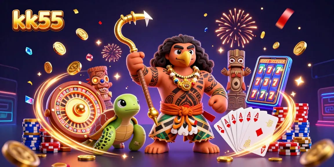 Win big at kk55 with a vibrant illustration of games, coins, and playful characters.
