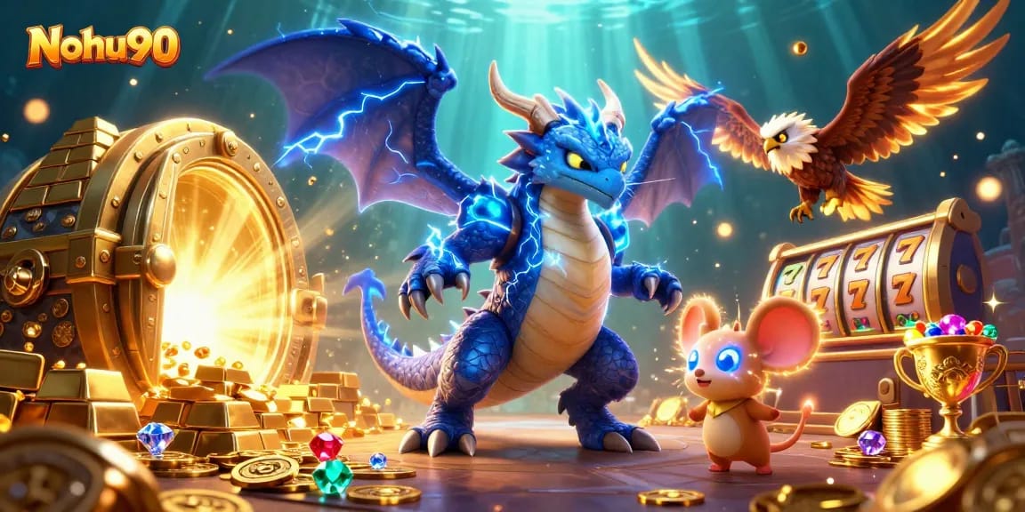 Nohu90 players spinning slot reels and exploring jackpots amidst a vibrant 3D casino scene