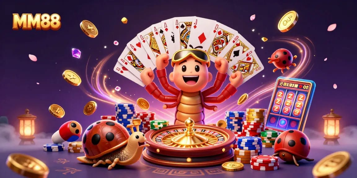 Engage in high-stakes excitement with MM88's vibrant casino scene showcasing unique 3D characters.