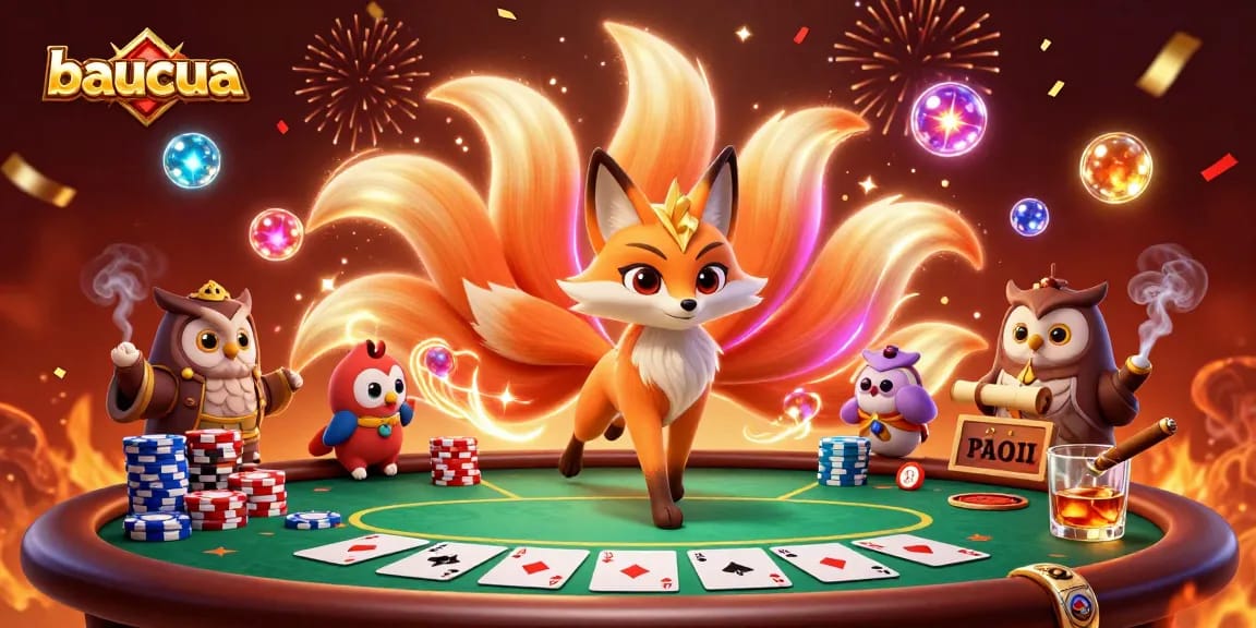 Experience the vibrant baucua game with a mystical nine-tailed fox, poker elements, and festive celebration!