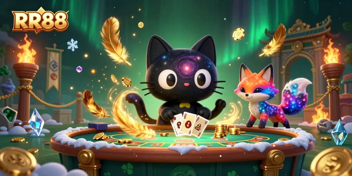Experience winning at RR88 with a cosmic casino scene featuring a black hole cat and colorful nebula fox.