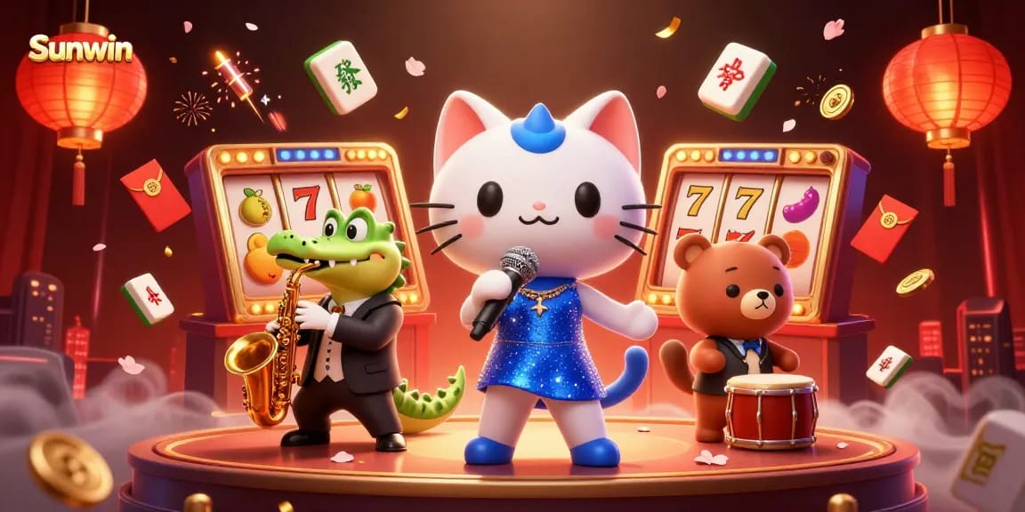 Engage in thrilling casino fun with Sunwin's vibrant gaming atmosphere showcasing characters and slot elements.