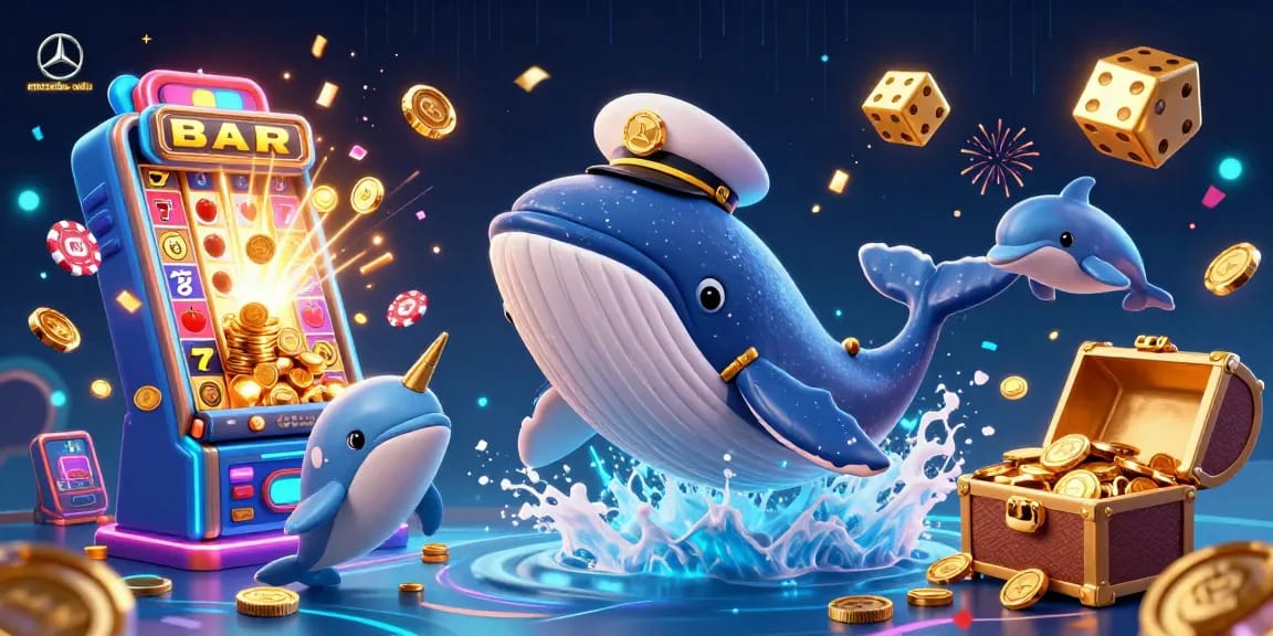 Experience mercedes-nohu as a cartoon whale breaches coins while playful dolphins juggle poker chips.