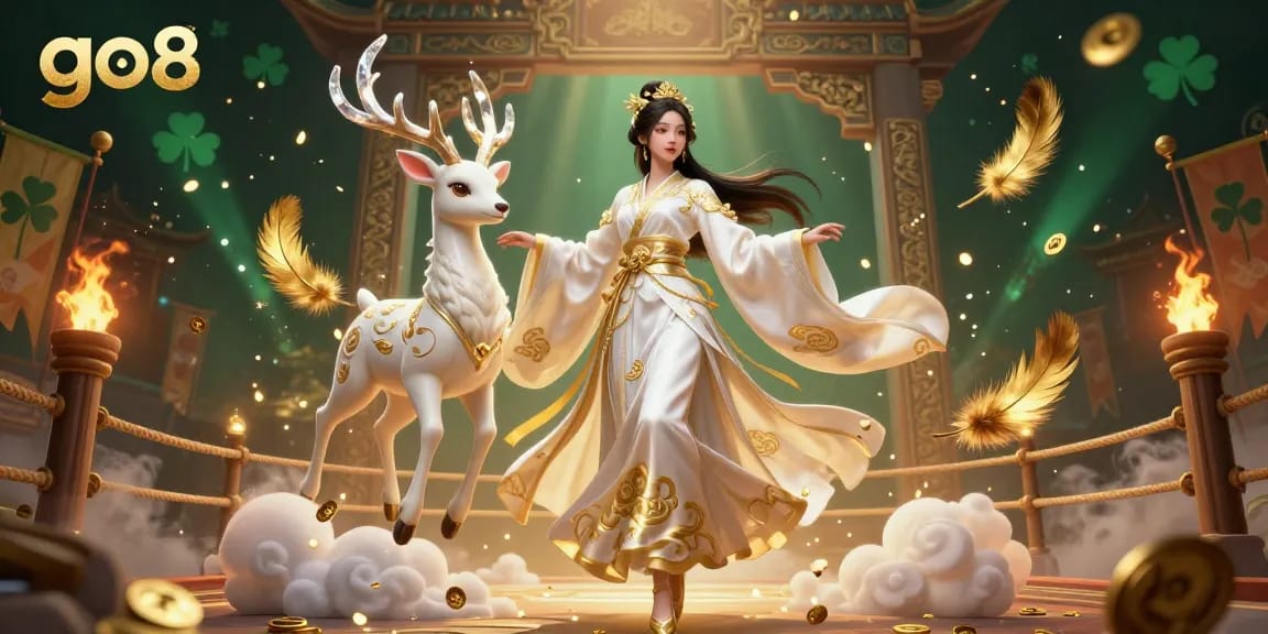 Experience thrilling gambling action at go8 with stunning visuals of a floating Asian woman in hanfu amidst casino elements.