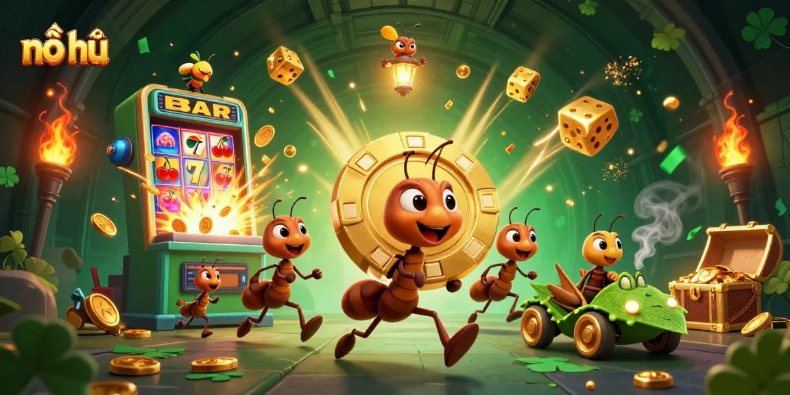 Nổ hũ players celebrate a jackpot with floating symbols and a colorful casino scene.