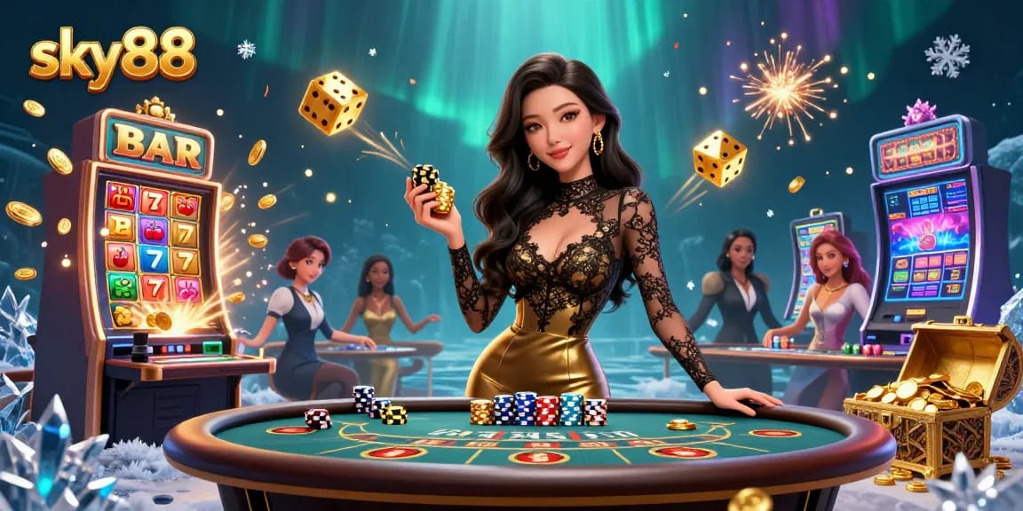 Join the gaming excitement at sky88 with a glamorous player winning at baccarat surrounded by thrilling casino elements.