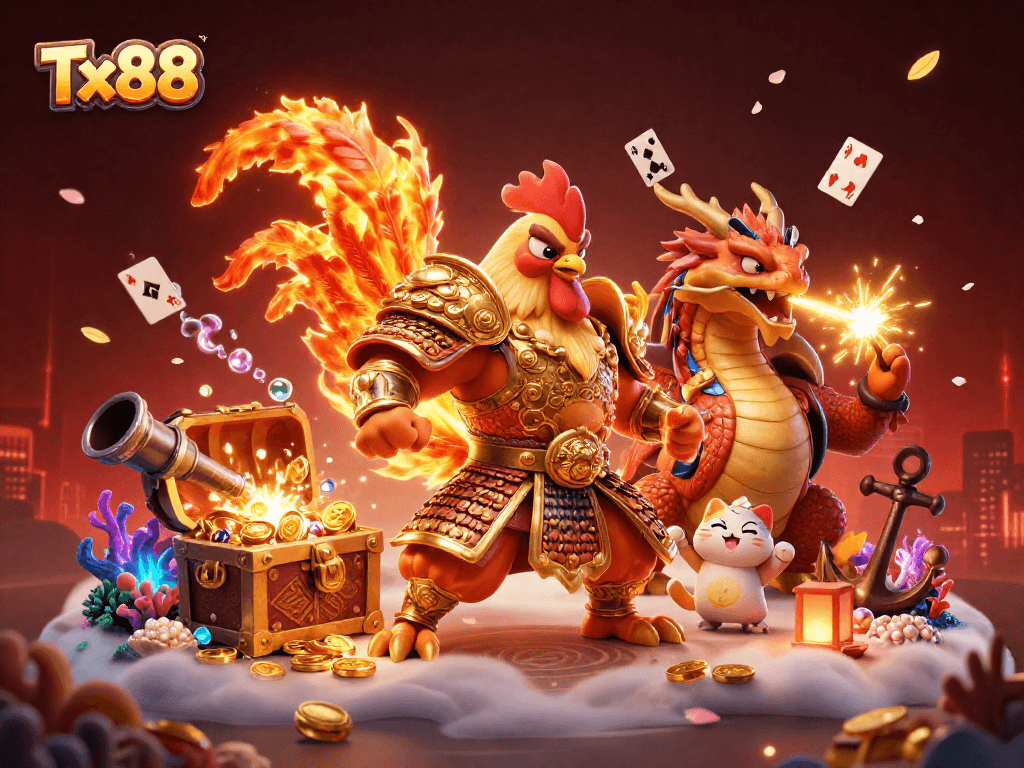 Engage with Tx88 through this vibrant 3D casino scene filled with dynamic gaming elements.