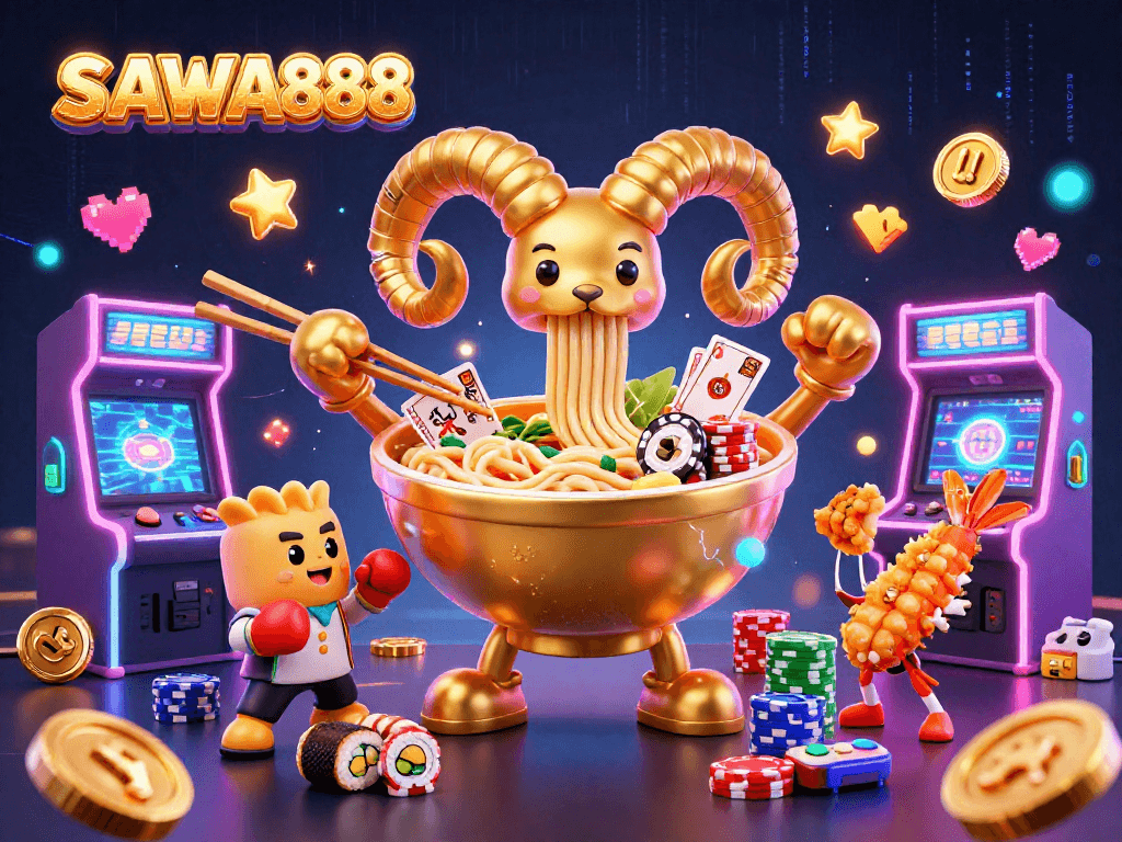 Experience thrilling gameplay at SAWA888, featuring vibrant characters in a bustling casino scene.