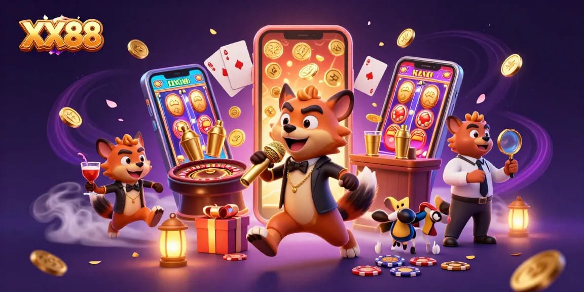 Engage with thrilling games at XX88, featuring lively hyena characters in a vibrant casino scene.