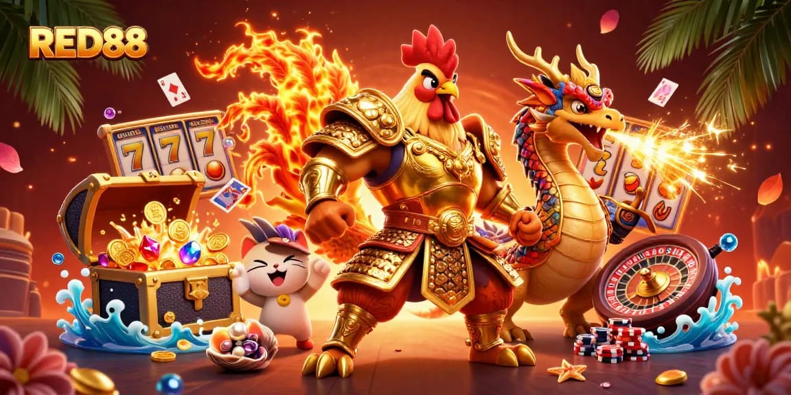Engage with the excitement of RED88 through a vibrant 3D casino illustration featuring dynamic characters and elements.