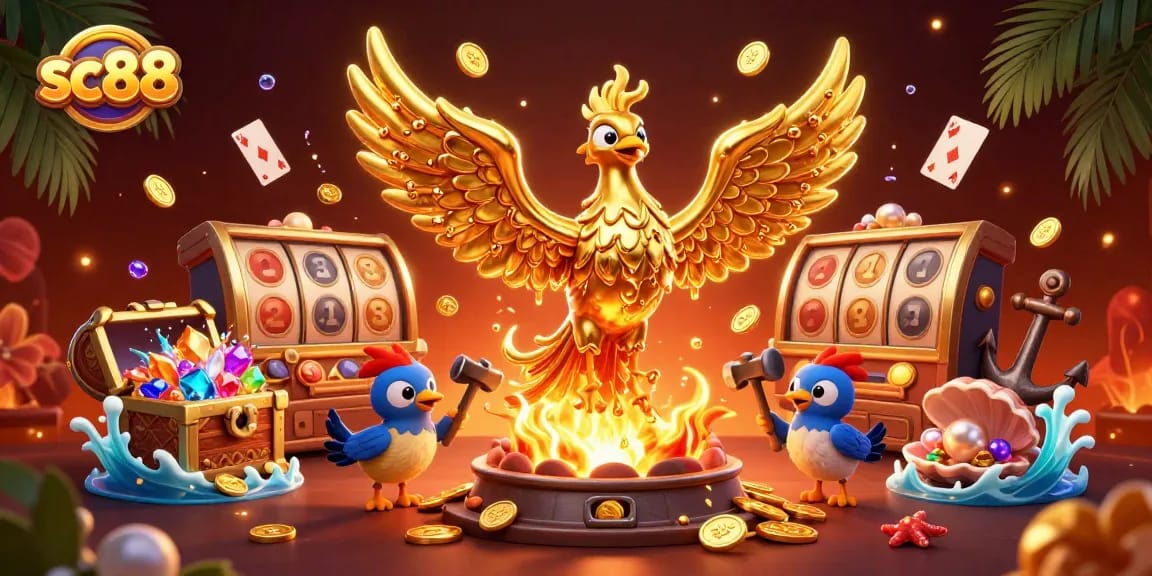 Experience jackpots and excitement with sc88 at this vibrant casino illustration featuring golden phoenixes and treasure.