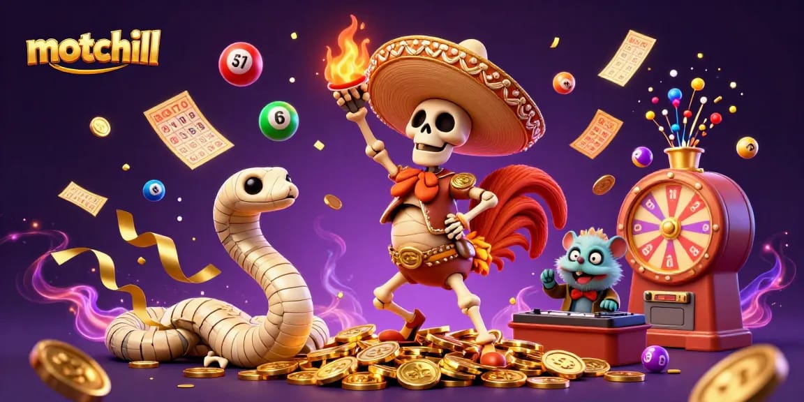 Engage in thrilling fun with Motchill: vibrant casino scene showcasing lively characters winning amidst colorful elements.