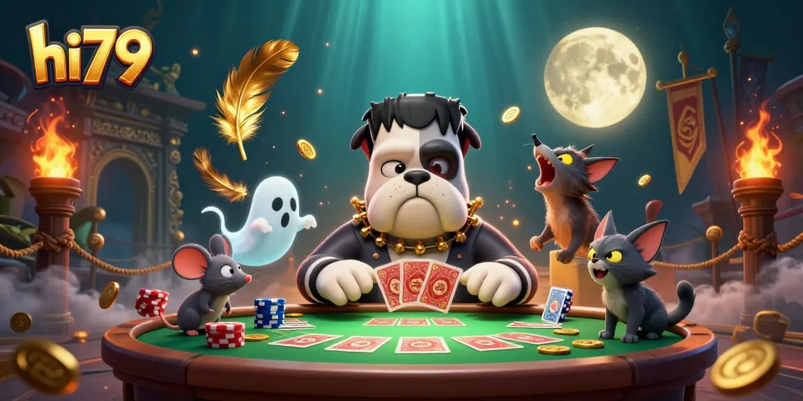 Engage in thrilling card games with hi79 at a spooky casino table featuring dynamic characters.