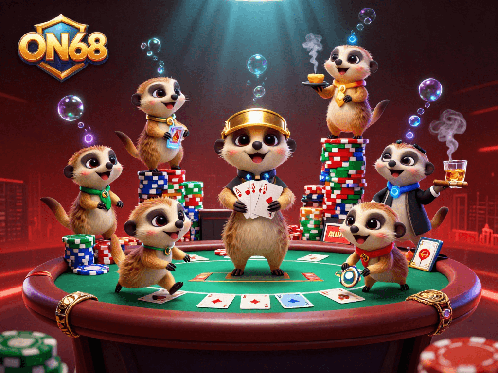 Experience the excitement of ON68's casino with energetic meerkats managing poker and vibrant scenes.