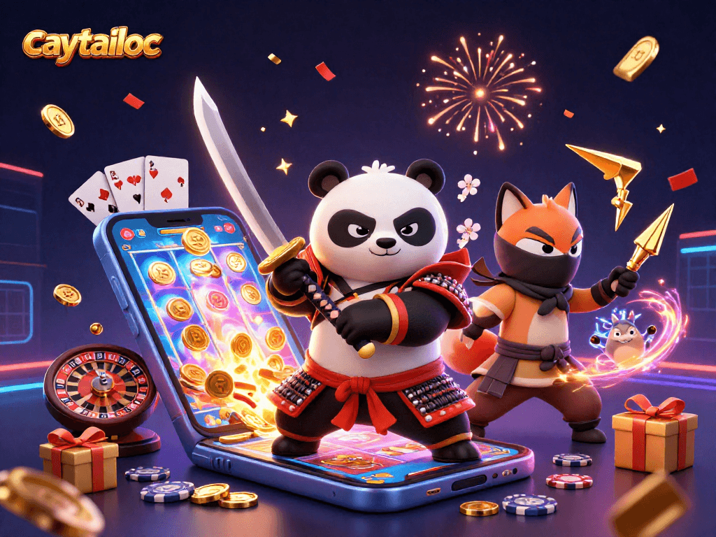 Experience the thrill of caytailoc with a vibrant 3D illustration of characters and casino elements.