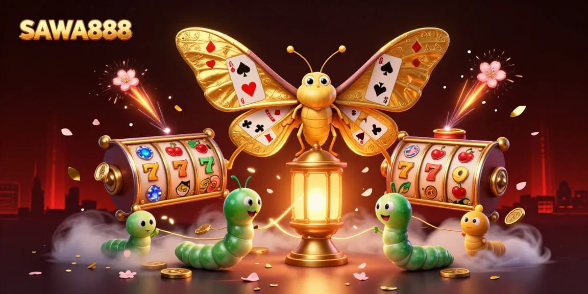 SAWA888 presents a vibrant 3D scene of golden moths and slot reels celebrating casino gameplay.