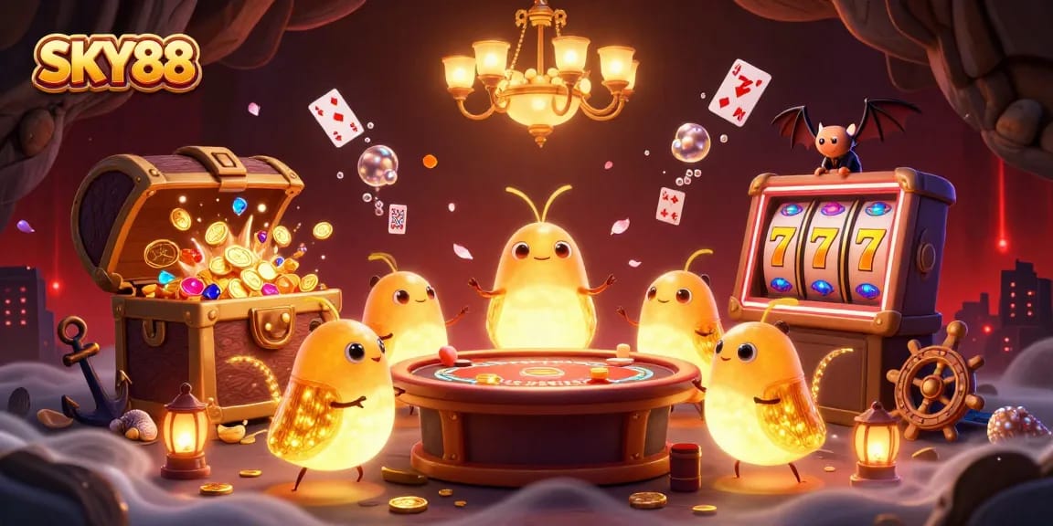 Experience the excitement of SKY88 in a vibrant casino undersea scene with bioluminescent glowworms and slot reels.