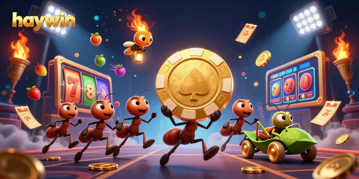 Experience the exciting world of haywin with ants on a heist carrying a massive golden poker chip amidst casino-themed elements.