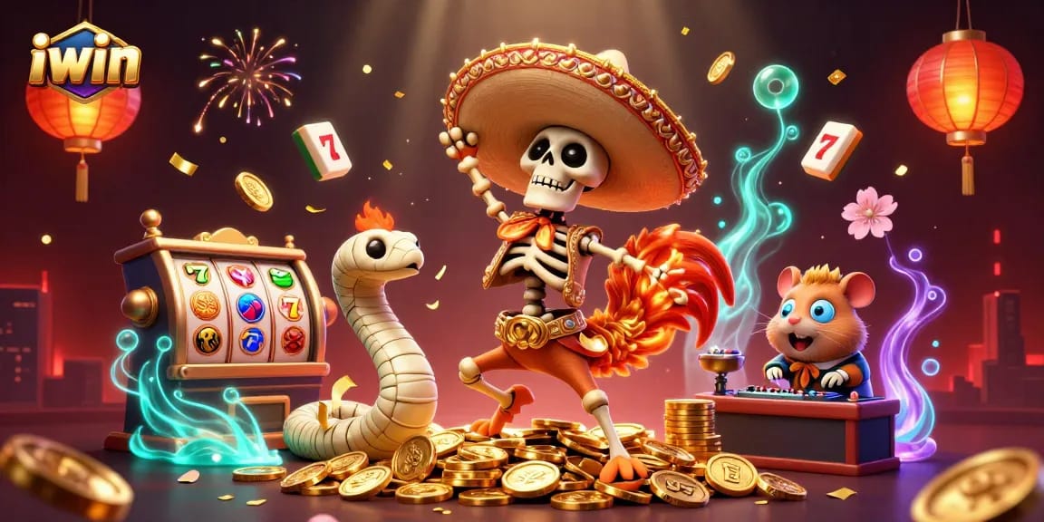 iwin captures excitement with a skeleton mariachi rooster dancing on coins alongside a mummy snake and DJ hamster.