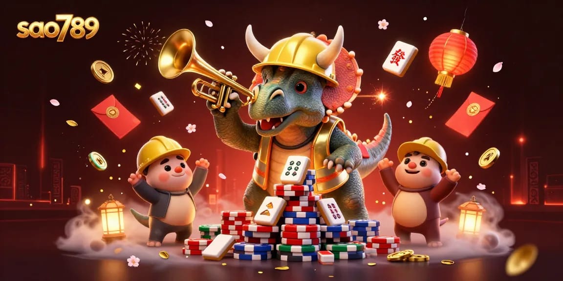 Experience thrilling gaming at sao789 with a vibrant 3D casino celebration scene featuring poker chips and festive elements.