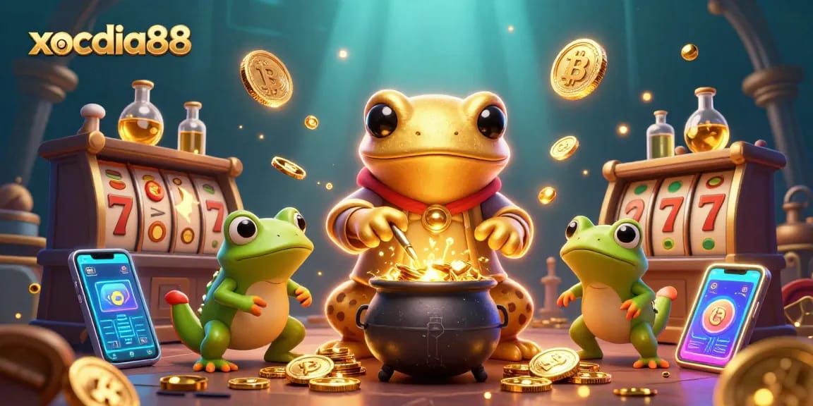 Play exciting games at xocdia88 with a vibrant illustration of a golden alchemist and rewards.