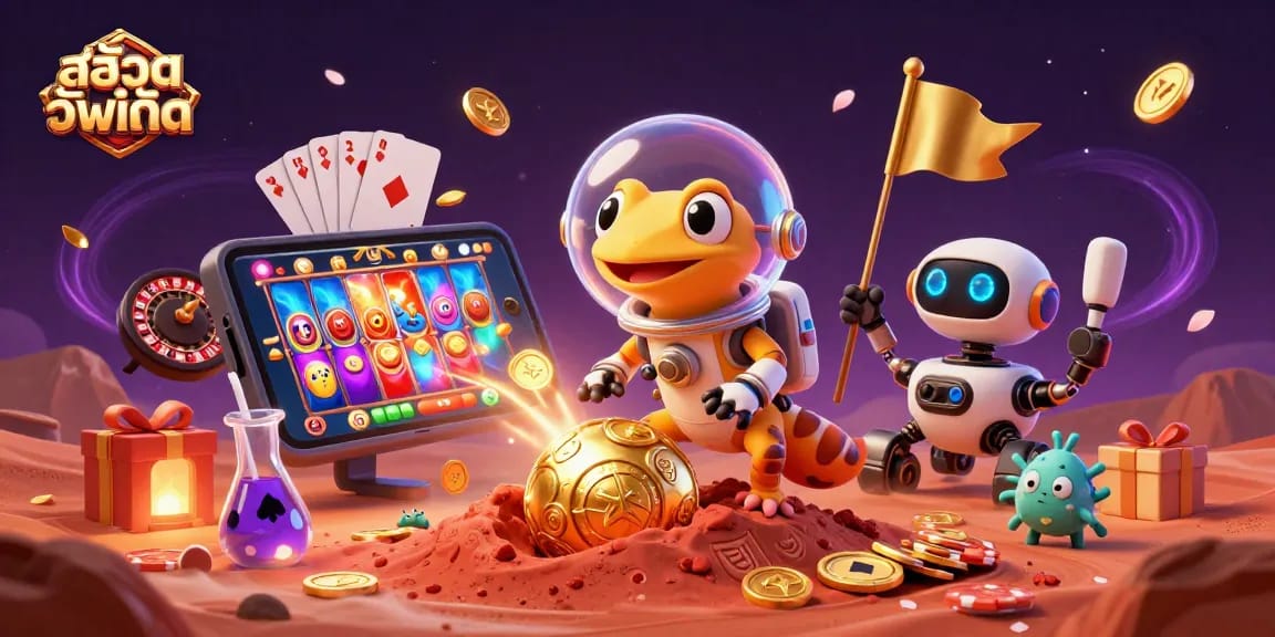 Engage with สล็อตอัพเดท through a vibrant alien scene showcasing gaming excitement with golden casino elements.