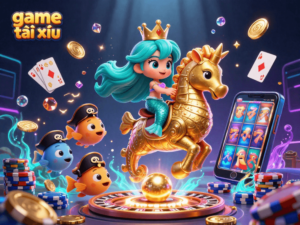 Experience the thrill of game tài xỉu with engaging visuals of a mermaid princess, seahorses, and sparkling casino elements.