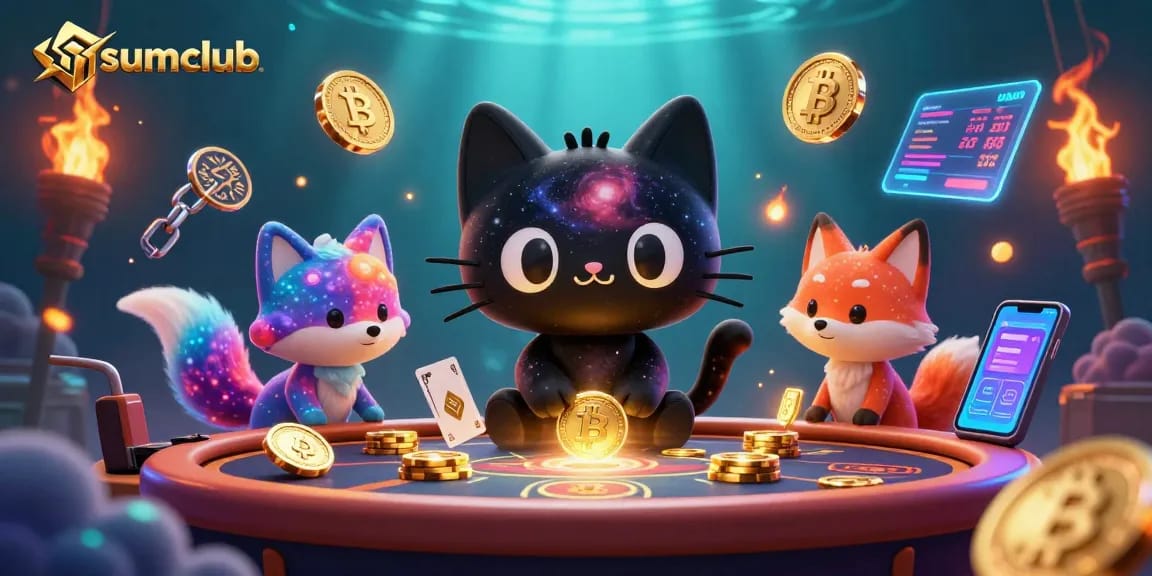 Engage with sumclub's vibrant cosmic casino, where a black hole cat pulls in golden chips
