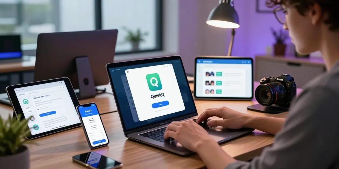 快速下载QuickQ应用的用户正在现代办公环境中工作，桌面上有各种科技设备。